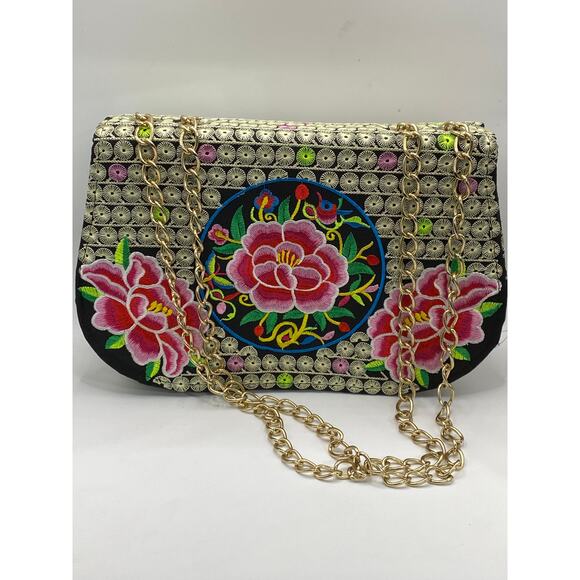 Unbranded Handbags - UNBRANDED Women's Black-Multi Dahlia Embroidered Flap Chain-Strap Bag